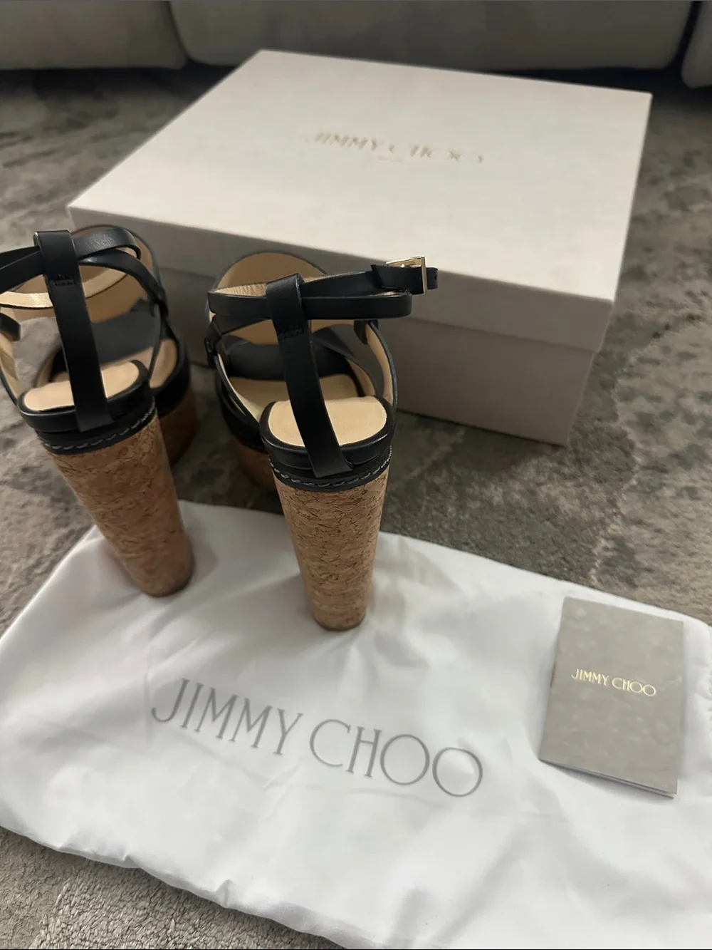 Jimmy Choo Black Leather Cork Platform Wedge Sandals